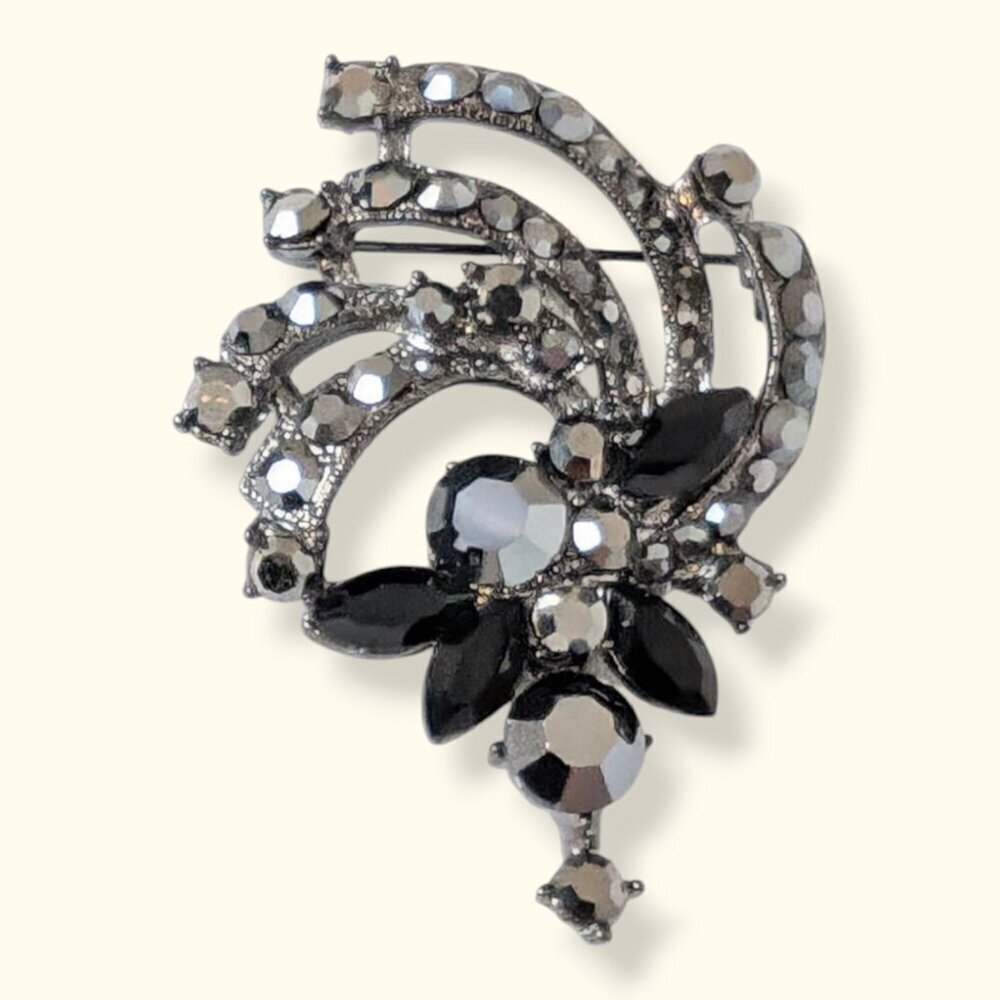 Vintage Black Glass & Marcasite Brooch